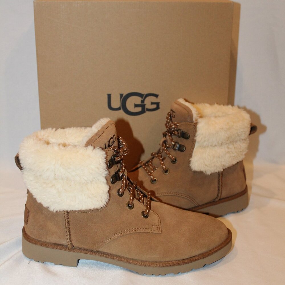 NIB‎ UGG WOMEN'S ROMELY HERITAGE SUEDE SHEARLING LINED LACE UP ANKLE BOOTS